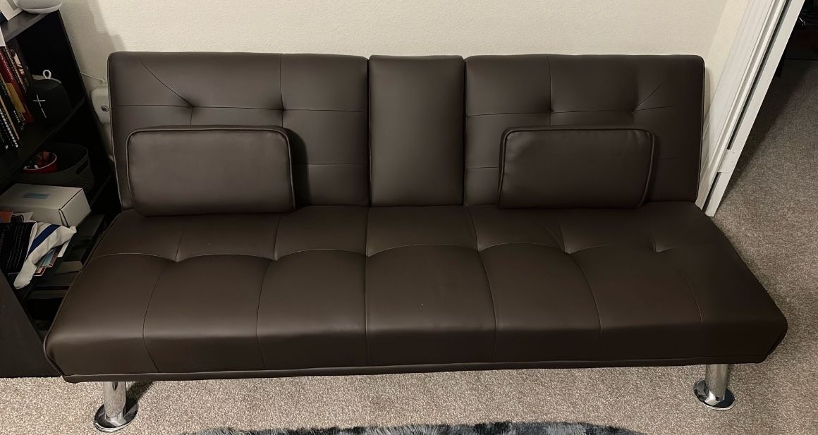 Flamaker Futon Sofa Bed Modern Folding Futon Set Convertible Recliner Lounge for Living Room with 2 Cup Holders, Removable Armrests (PU Leather, Brown