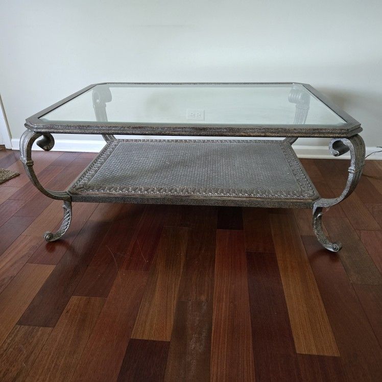 3 piece ornate metal coffee, end table set.