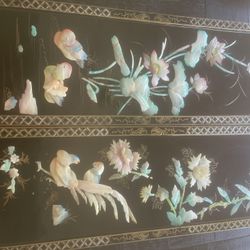Vintage Oriental Asian Wall Panels Black Lacquer Raised Flowers Birds Set 2 each panel measures 27" x 10" 1" Good Condition
