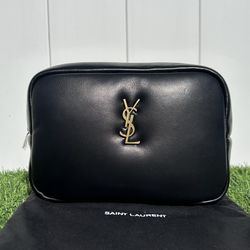 SAINT LAURENT CALYPSO POUCH BLACK CALFSKIN LEATHER GOLD YSL CASSANDRE NEW!