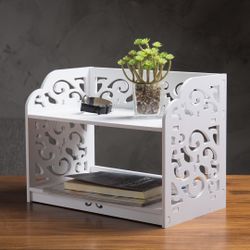 White Desktop Storage Organizer Display Shelf Rack with Cutout Scrollwork Design, Home Office and Dorm Desk Display Shelf Stand