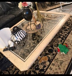 Luxury Glass Top Coffee Table w/ Wrought Iron & Travertine Style Base