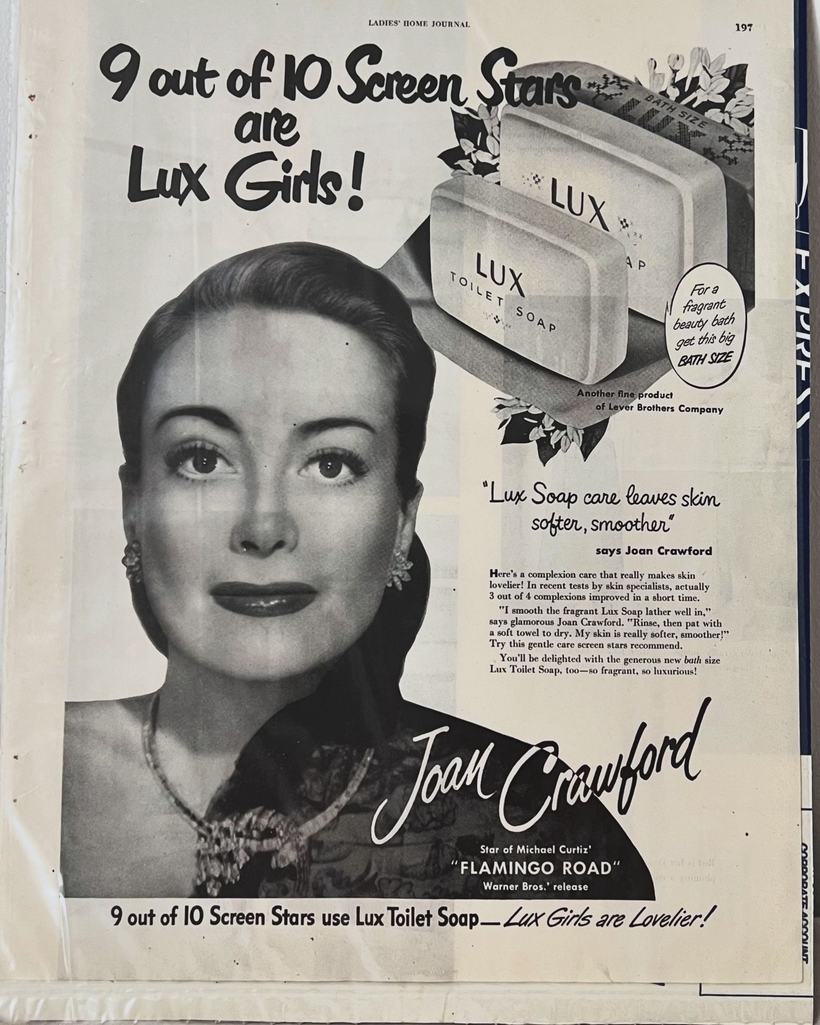1940s Joan Crawford Lux Soap Ad from Ladies’s Home Journal Magazine Vintage