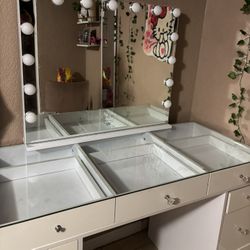 White Vanity With Hollywood Mirror