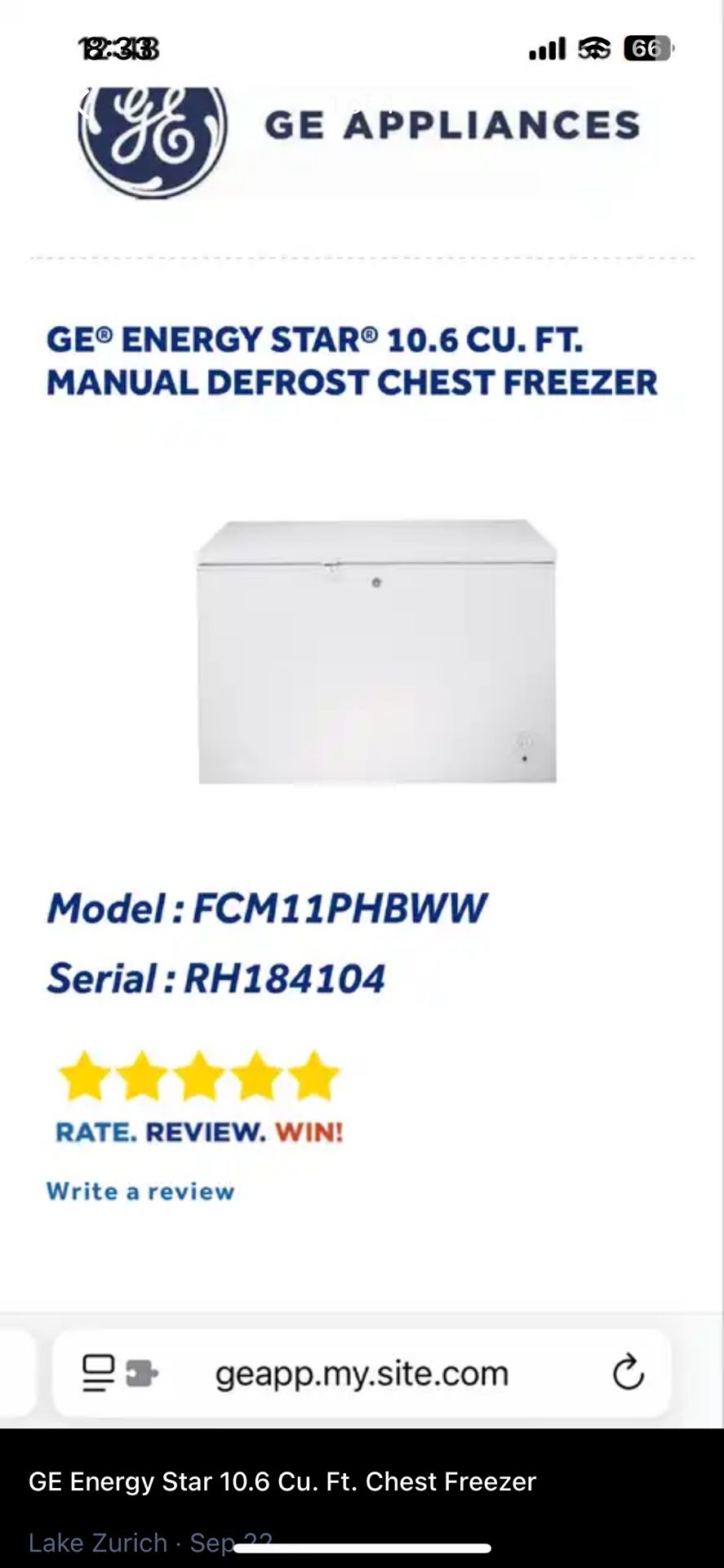 GE Energy Star 10.6 Cu. Ft. Chest Freezer