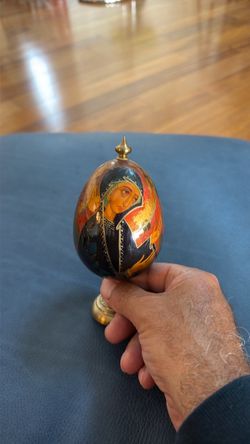 Vintage hand-painted Russian Orthodox wooden with brass stand and post icon of the virgin egg rare from 1994