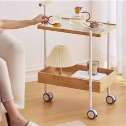 2-Tier Storage Shelves Rolling Serving Cart with Handle and Wheels, Metal & Glass Modern Utility Trolley Rack for Home Office Livingroom(Natural Color