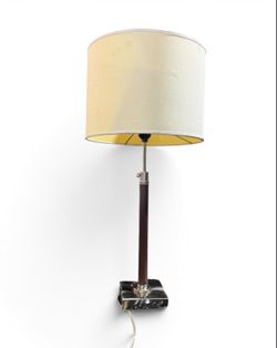 Modern Leather & Chrome Table Lamp with Drum Shade – 28” Tall