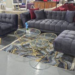 NEW 3 PIECE LIVINGROOM SET SOFA ARMCHAIR OTTOMAN DARK GRAY VELVET 