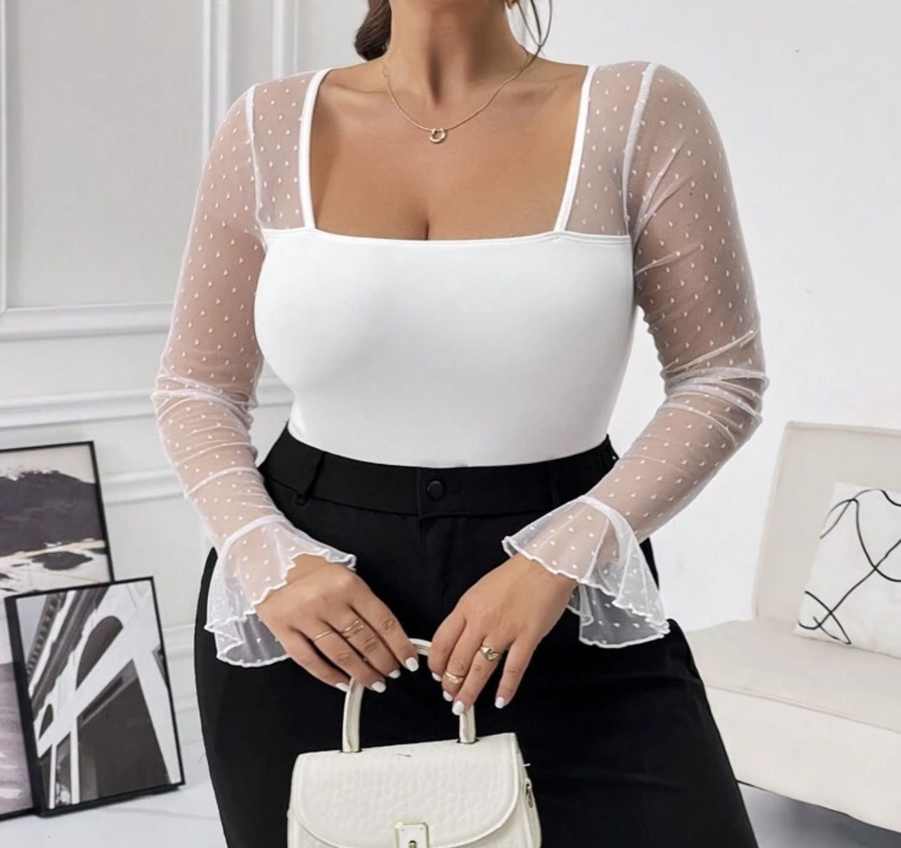 White Mesh Ruffles Sleeve Bodysuit Size 14/1XL