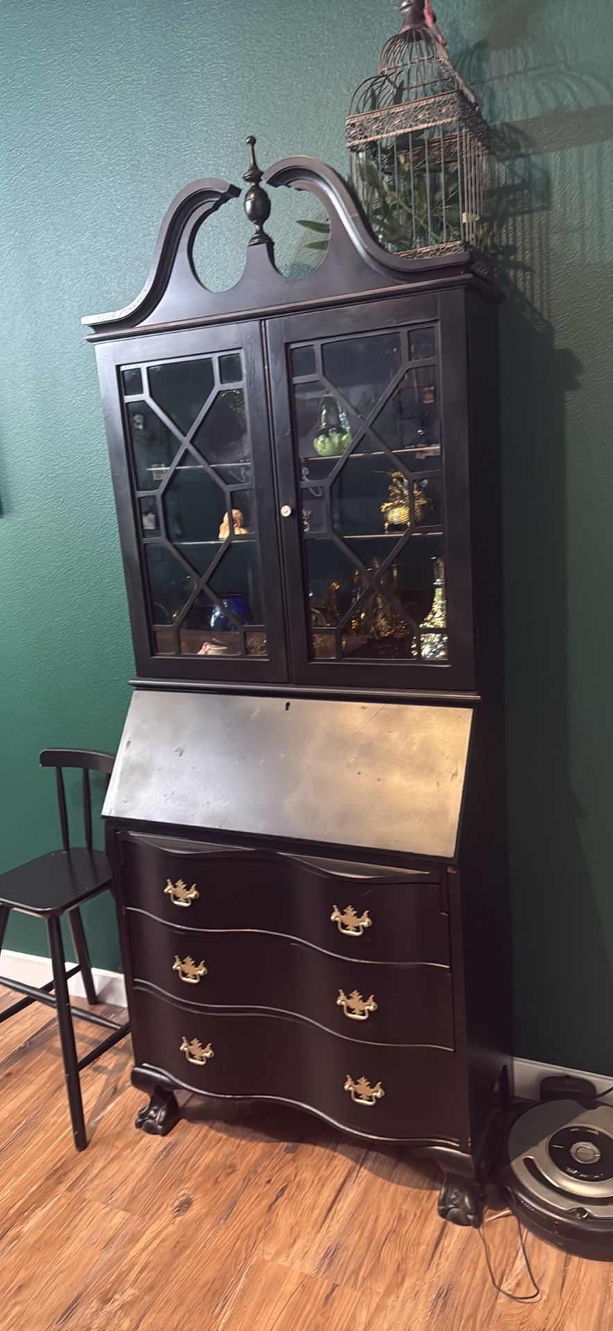 OBO Lovely black Antique Secretary Desk Claw Foot with display shelves