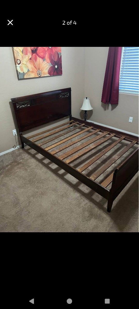 Full Size Antique Wooden Bed Frame with Box Spring and Mattress