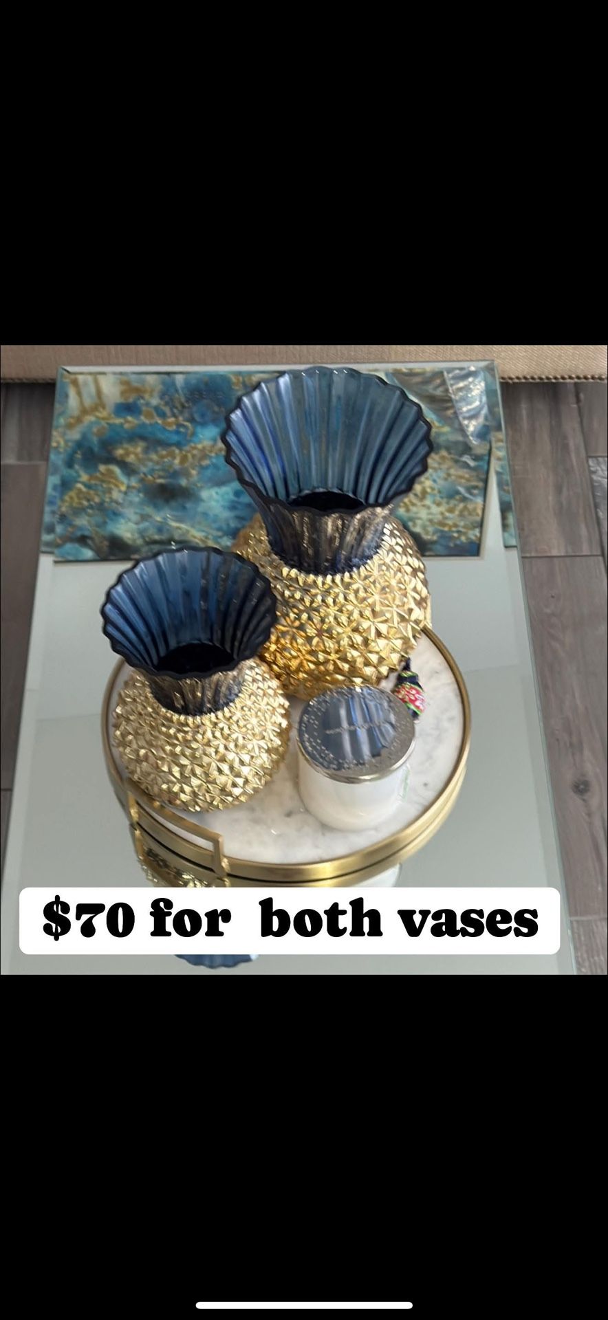 3 Blue And Gold Vases