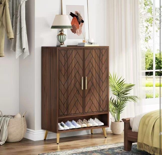 new assembled Walnut Shoe Cabinet with Doors, 6-Tier 24 Pairs Shoe Storage Cabinet for Entryway, Wooden Entryway Shoe Cabinet with Adjustable Shelves