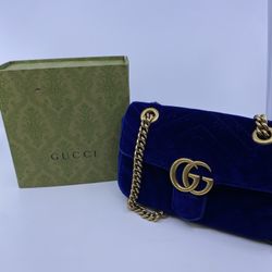 $700 Gucci Small GG Blue Velvet Marmont Maletasse Love Embroidered Crossbody Bag