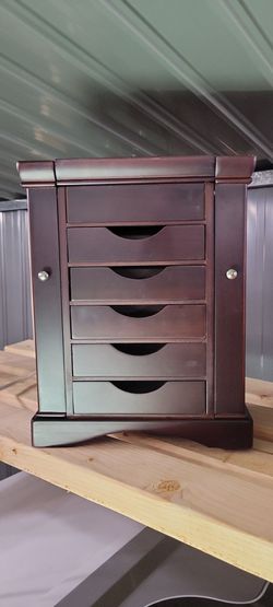 Large Wooden Jewelry Armoire Cabinet Mirror Drawers Necklace Storage Cherry...