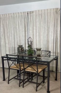 Minimalistic Industrial Glass Top Dining Table with 4 Rattan Chairs IKEA-Granas