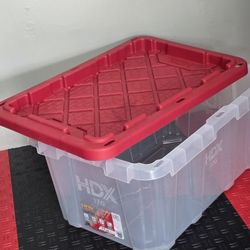 Brand New HDX 17 Gal. Tough Storage Tote in Clear with Red Lid