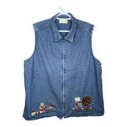 Vintage CJ Hughes Denim Apple Bear Embroidered Zip Up Collared Vest
