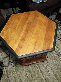 Hexagonal Wood Table with Storage Cabinet