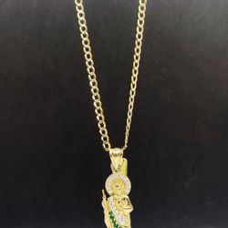 14k solid gold cubana chain and San Judas , necklance gold pendant
