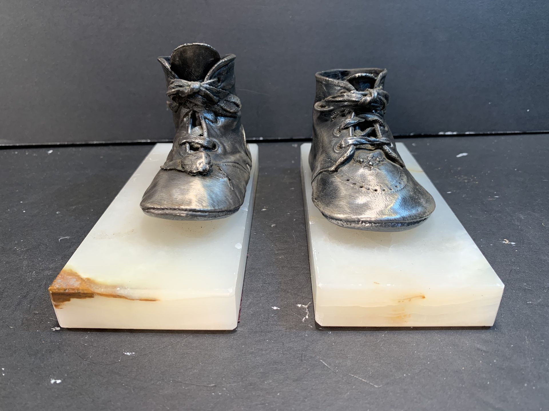 Vintage Metal Baby Shoes on Marble Base Bookends