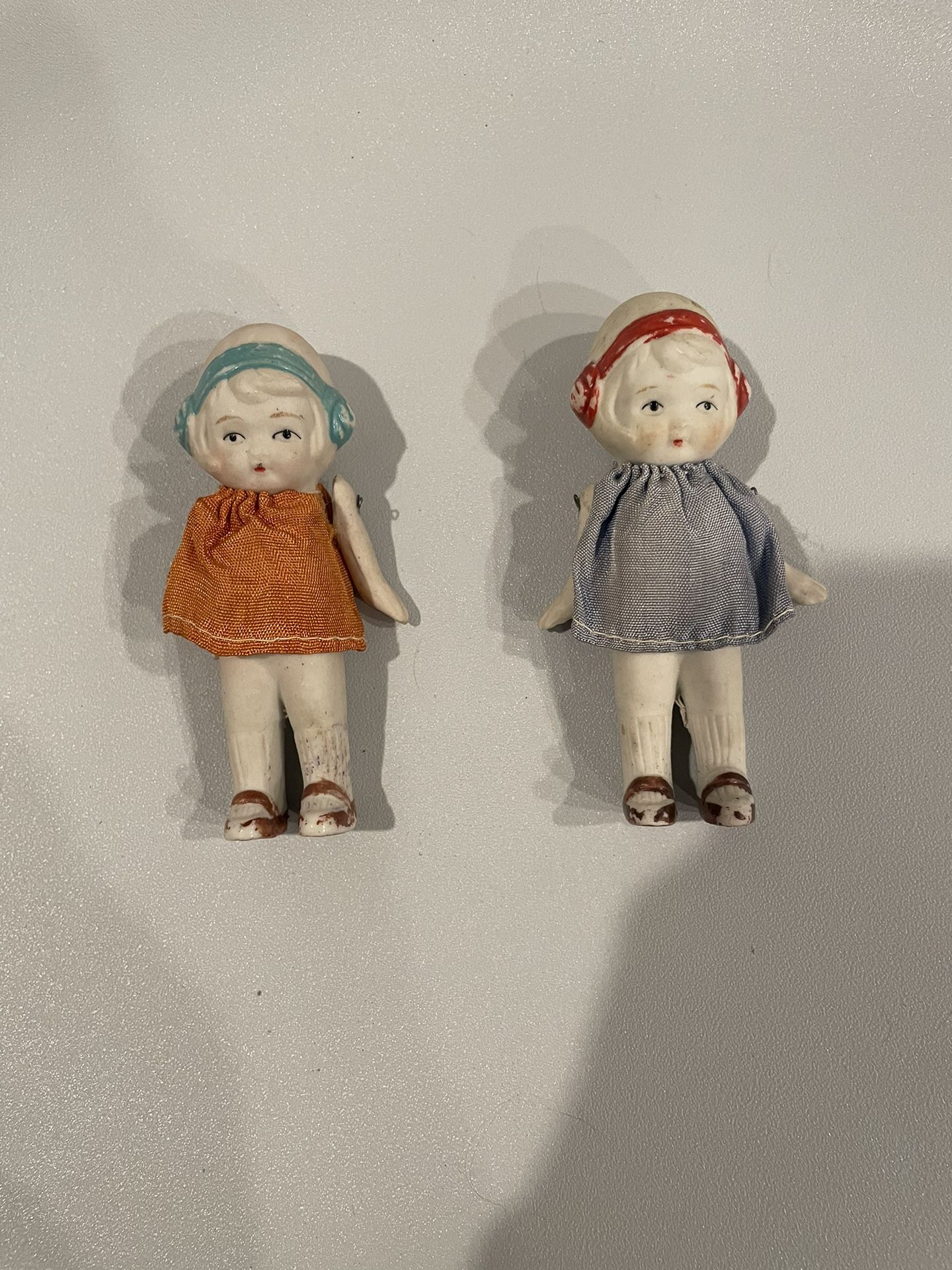 2 Vintage 1930s Japanese Jointed Bisqu dolls- Hand painted face and w/ dresses