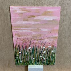 Pink Sunset Wildflowers Original Acrylic Painting, Artist Signed, 5 x 7, Unframed