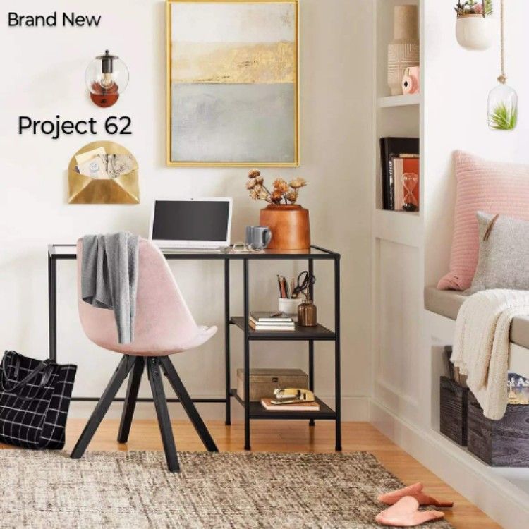 Brand New Project 62 Fulham Glass Top Desk With Wood Shelves