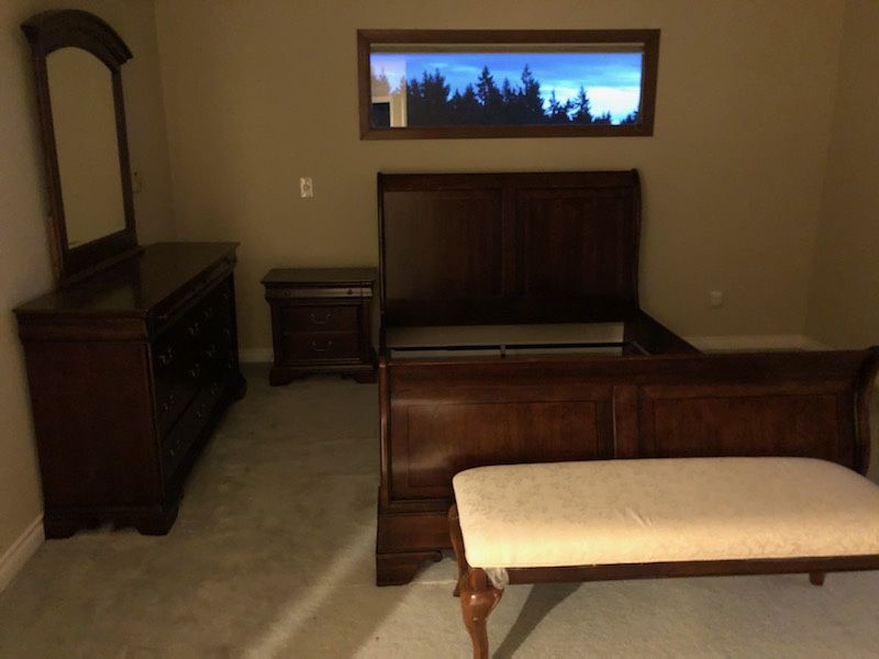 Queen size bed frame, chest with mirror, night stand & bench