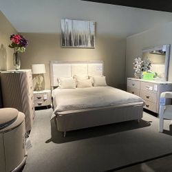 Grey King Bed, Dresser, Mirror And One Nightstand