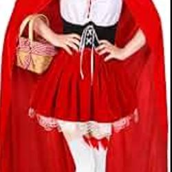Women's Riding Hood Costume Halloween Party Dress with Red Hooded Cloak White High Stockings Size Medium