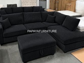 Mid Century Modern Black Sectional Sofa Set Free Storage Ottoman Contemporary Designer Style Staging Discount Furniture Apartment Living Room Couch