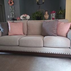 White Geneva 90” Classic Sofa with Decorative Studded Wood Trim