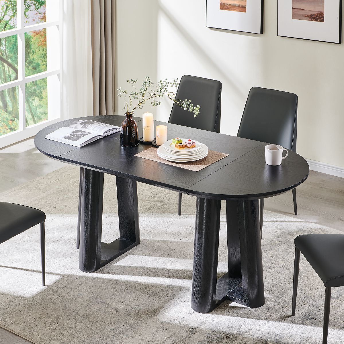 Dining Table for 6-8, Modern 63" Dining Room Table with Curved Table Edge, Kitchen Tables for Dining Room Kitchen, Black