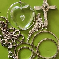 X5 STAMPED 925 STERLING SILVER NECKLACE CHAIN CRUCIFIX CROSS HEART SWAROVSKI CRYSTAL CHARM PENDANT JEWELRY LOT