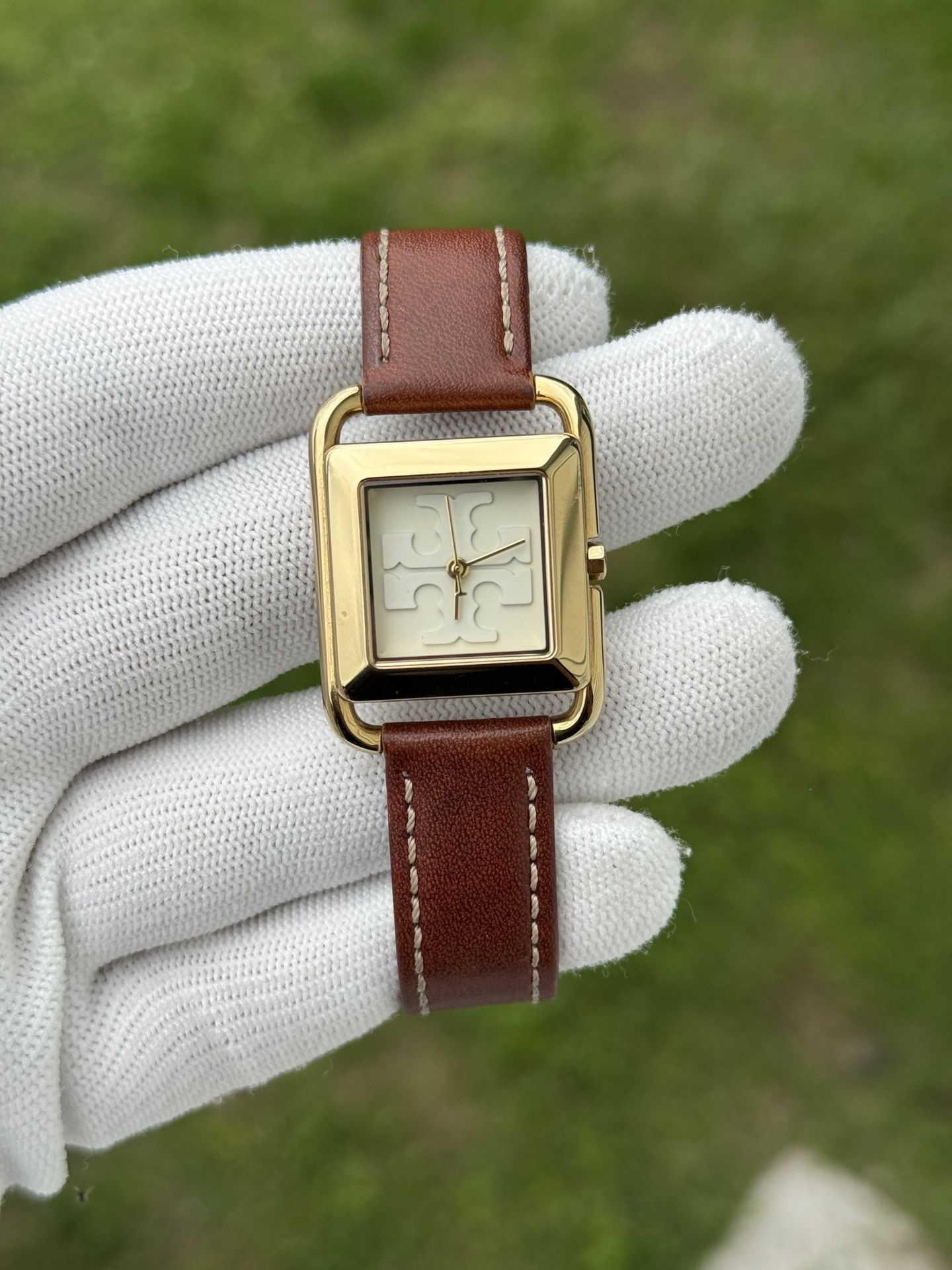 Tory Burch Gold-Tone Watch with Brown Leather Strap Womens