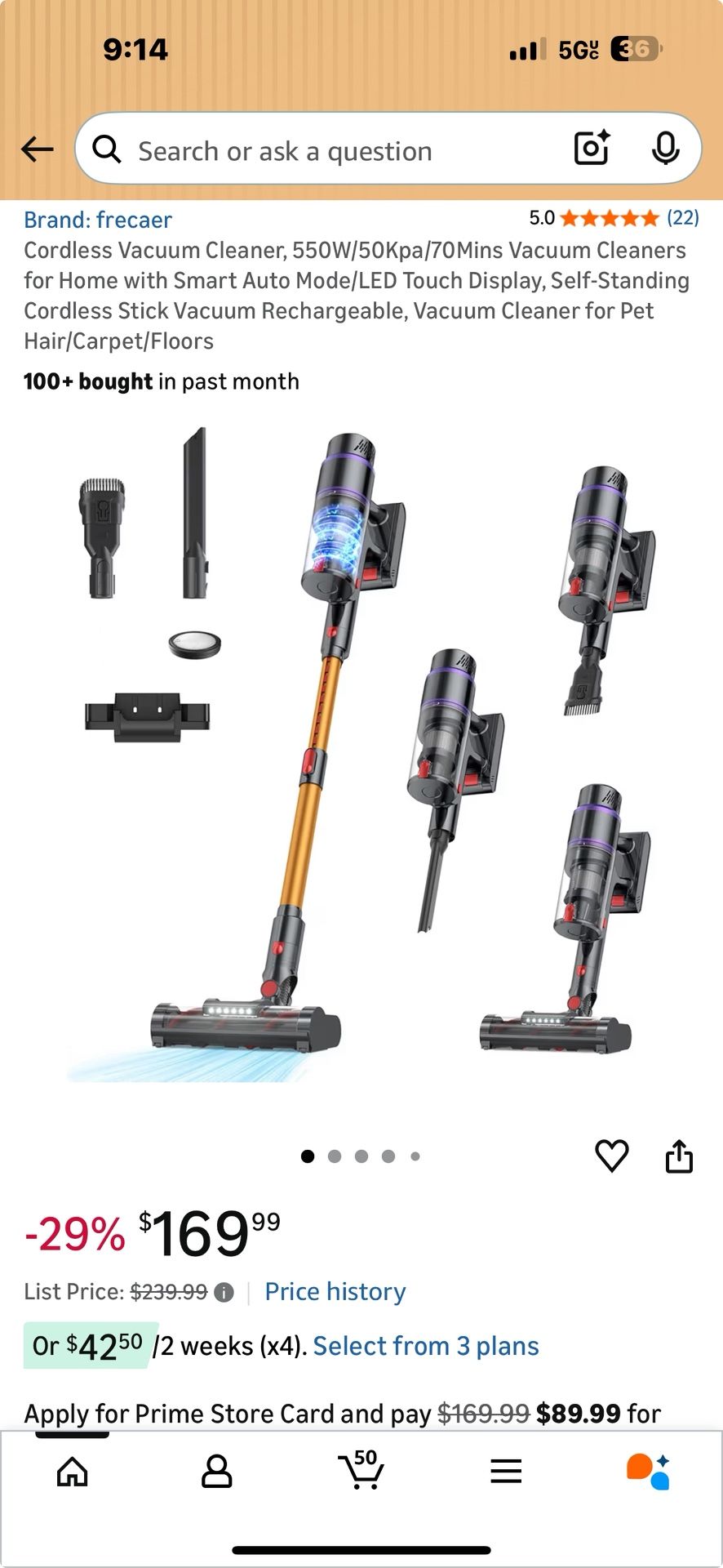 Cordless Vacuum Cleaner 550W/50Kpa/70Mins Vacuum Cleaners with Smart Auto Mode/LED Touch Display