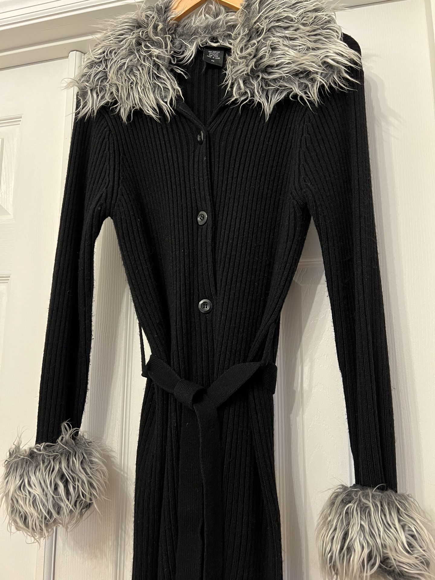 Vintage 1990's Black Faux Fur Removable Trim Jersey Knit Duster Cardigan sz Medium 