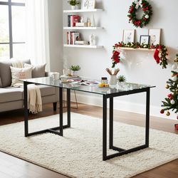 Homy Casa SLIP 55" Clear Tempered Glass Dining Table with Black Metal Frame Modern Rectangular Kitchen Dining Room Table