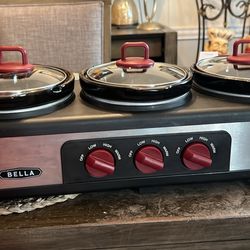 Bella Triple Trio Buffet Slow Cooker Crock Pot 3 x 1.5 Quart Stainless Steel habla espanol