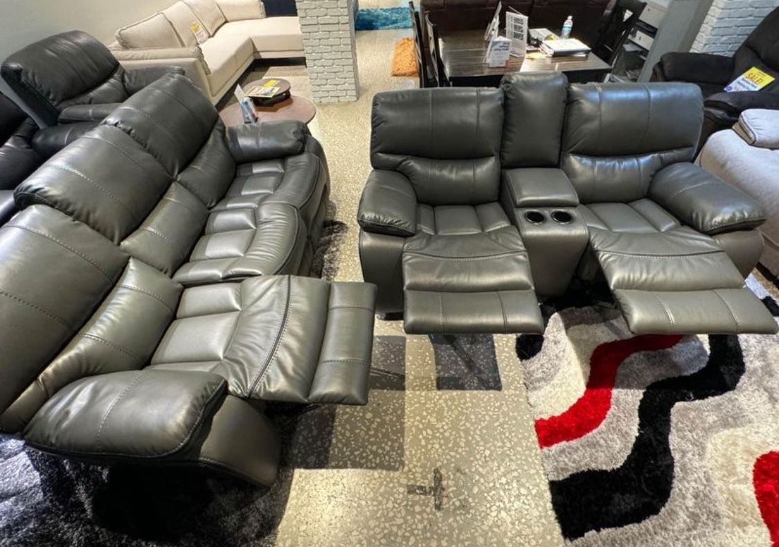 Madrid, gray leather reclining sofa and loveseat set now $999. Easy finance option. Same-day delivery.