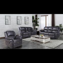 Brand New Grey 3pc Faux Leather Sofa Set with Nail Head Trim