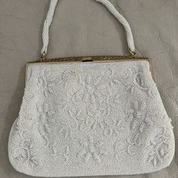 Vintage White Beaded Evening Bag Hand Made Beaded 