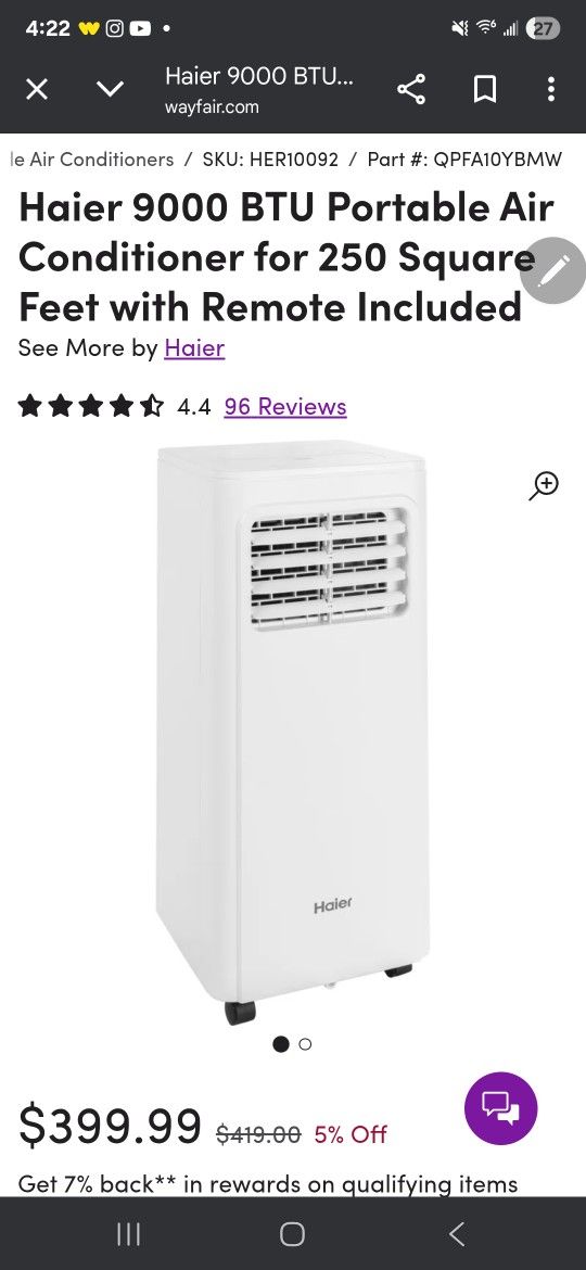 Haier Portable Air Conditioner BTU 3 in 1