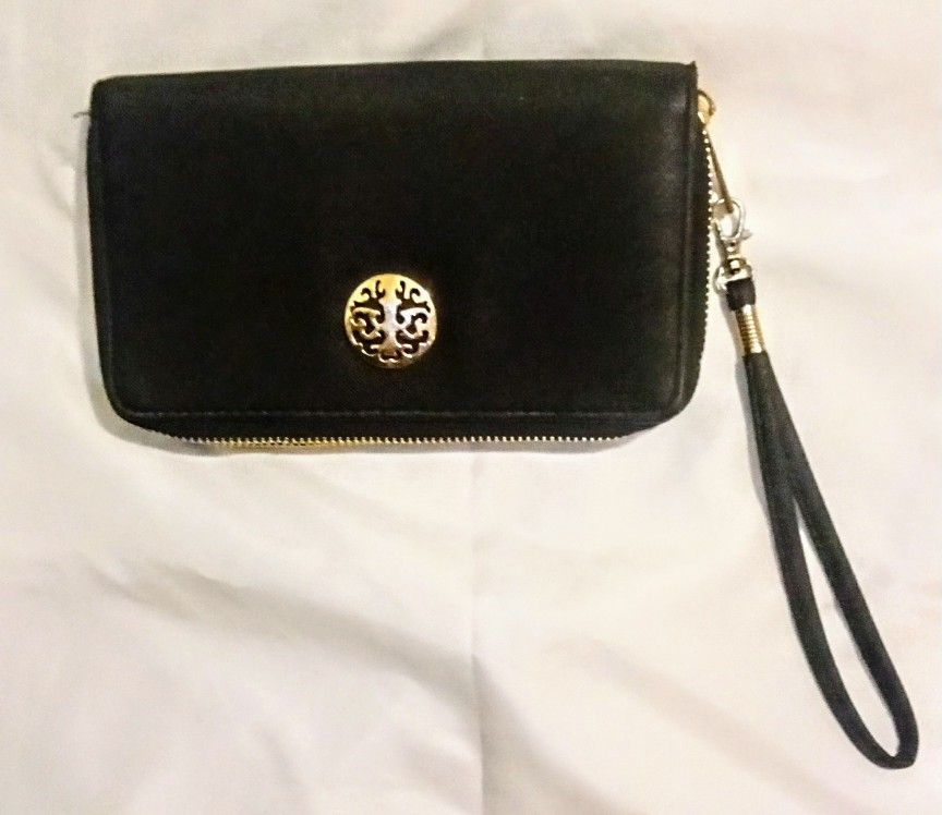 Women's BLACK ZIP AROUND Wristlet Wallet DUAL POCKETS Accordion ORGANIZER Clutch