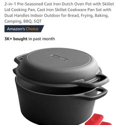 2 In 1 Pre Seasoned Cast Iron 5 Quarts Cookware Pan Set Dutch Oven