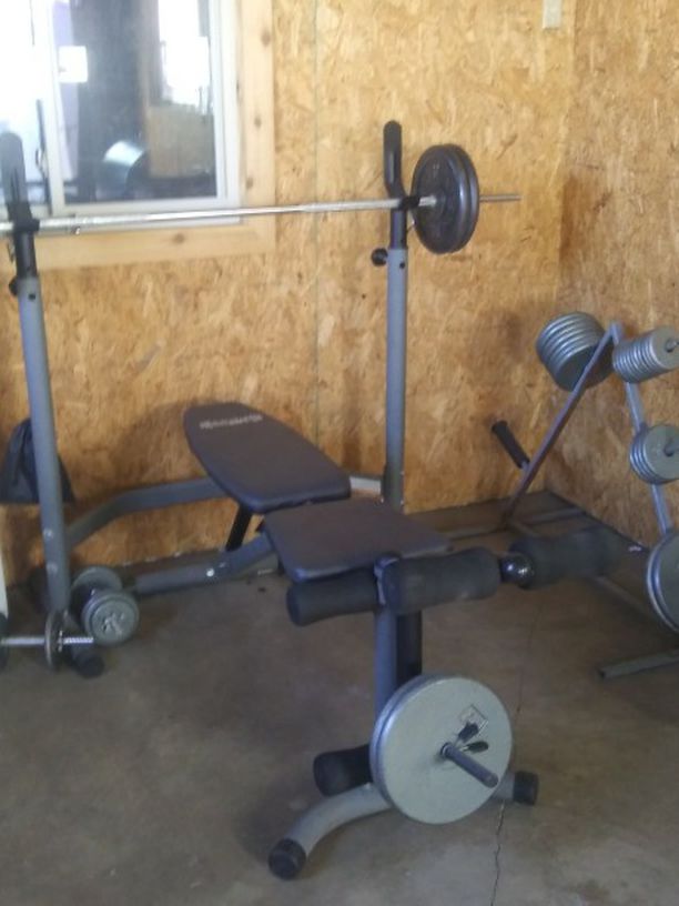 Exercise Equipment Steel And Cast iron Weights Bench And Bars (Everything Sold Together)