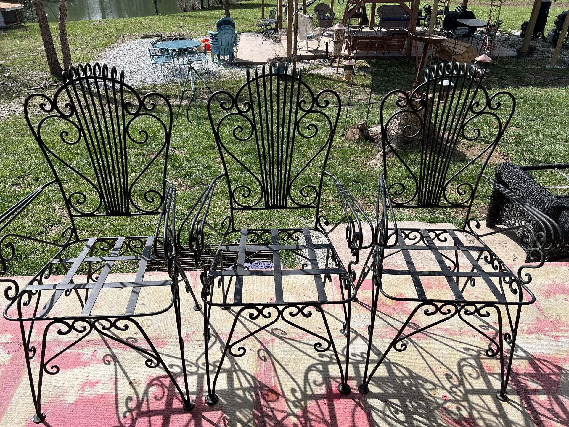 Vintage Neoclassical Style Black Wrought Iron Lyre Harp Garden Chairs - Set of 3 - Rare Find