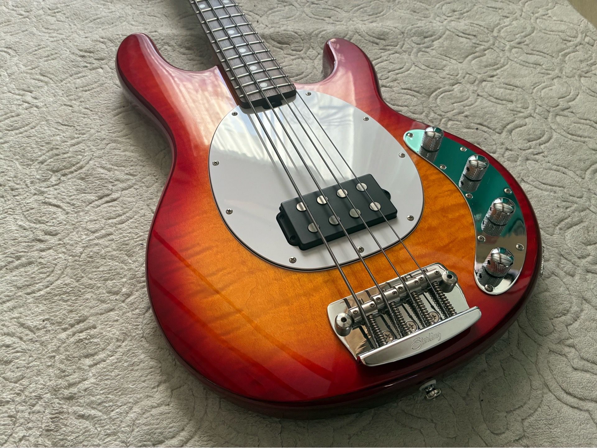 Sterling by Music Man RAY34 Flame Top Stingray Bass guitar Heritage Cherry.
